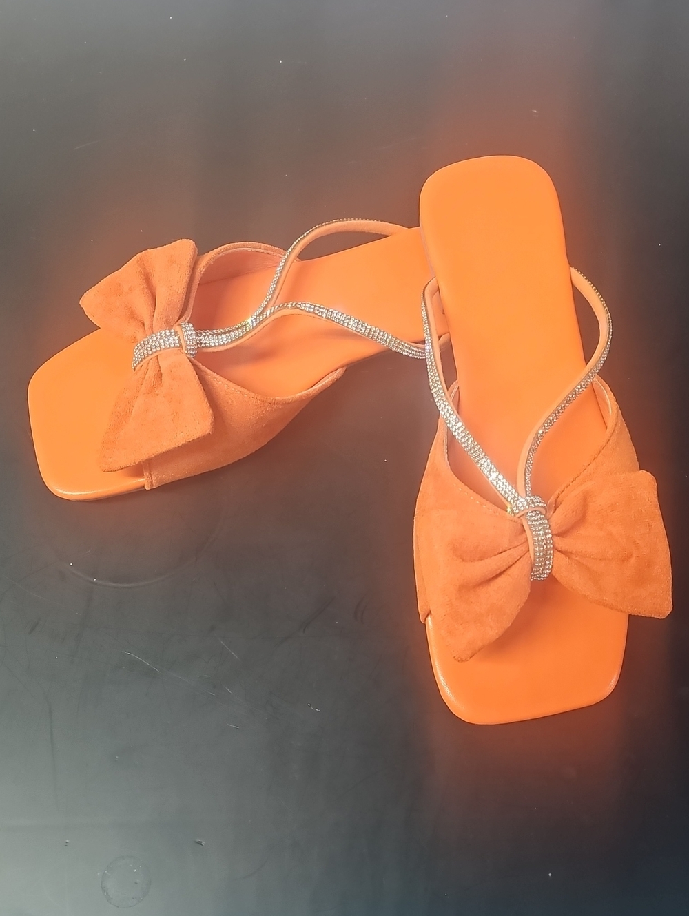 Women's Orange Bow Slide Sandals with Rhinestone Straps